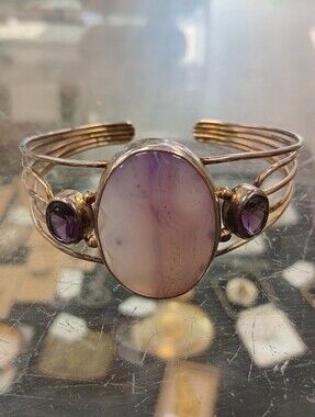Elegant Sterling Silver Purple Agate & Amethyst Cuff Bracelet